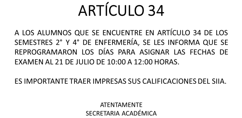 Información de examen de artículo 34