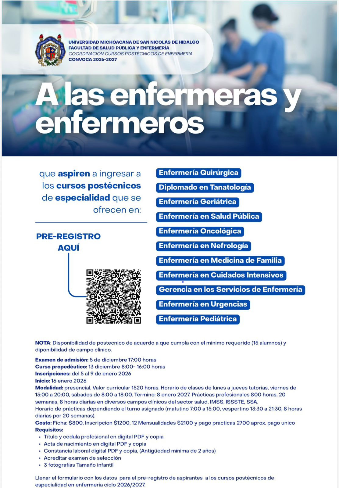 Convocatoria de cursos postécnicos y de especialidad de enfermería ciclo 2026 - 2027